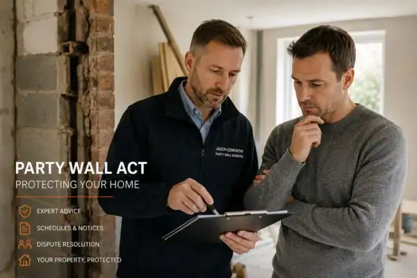 Party wall surveyor Oxford discussing extension plans with homeowner outside a UK semi-detached house.